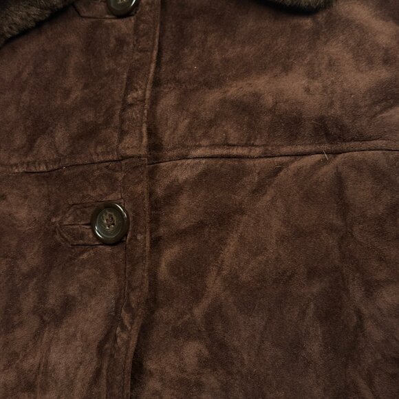 Dennis Basso Leather Coat Faux Fur Trim Button Down Dark Brown - Picture 6 of 13